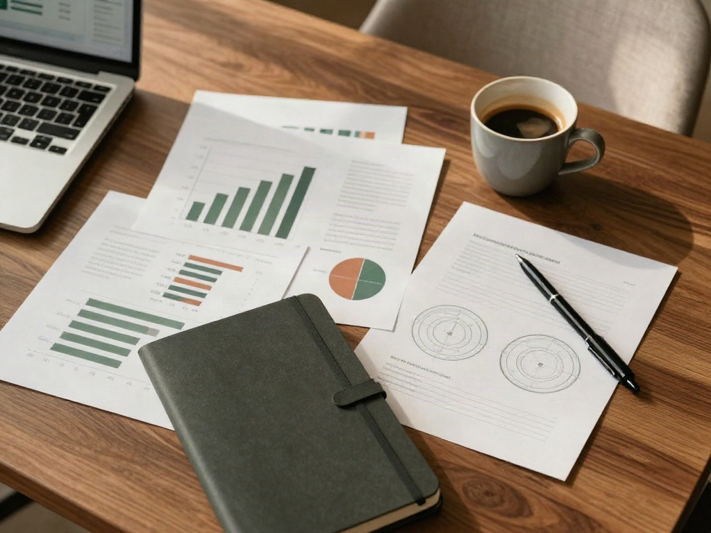 A carefully prepared business review with printed charts, a notebook and a laptop on a walnut desk