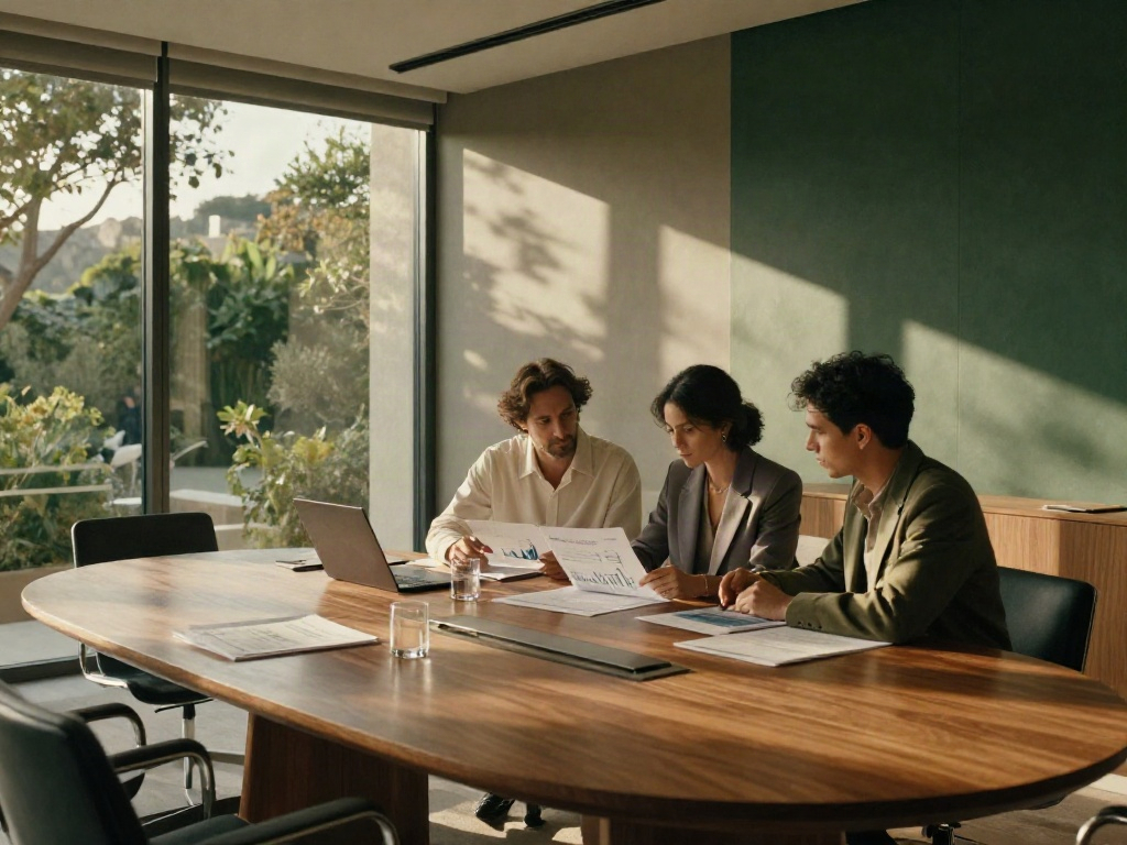 Business strategists reviewing performance reports in a sunlit meeting room